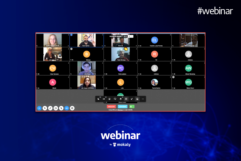 Imagem da tela de conferência da Mokaly onde várias pessoas estão sorrindo.